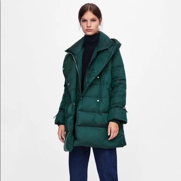 Zara Jackets & Blazers - NWT Zara Green Down Puffer Coat Wraparound collar